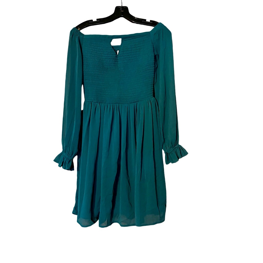Forest GreenTeal Off the Shoulders Baby Doll Dress with Sheer Long Sleeves